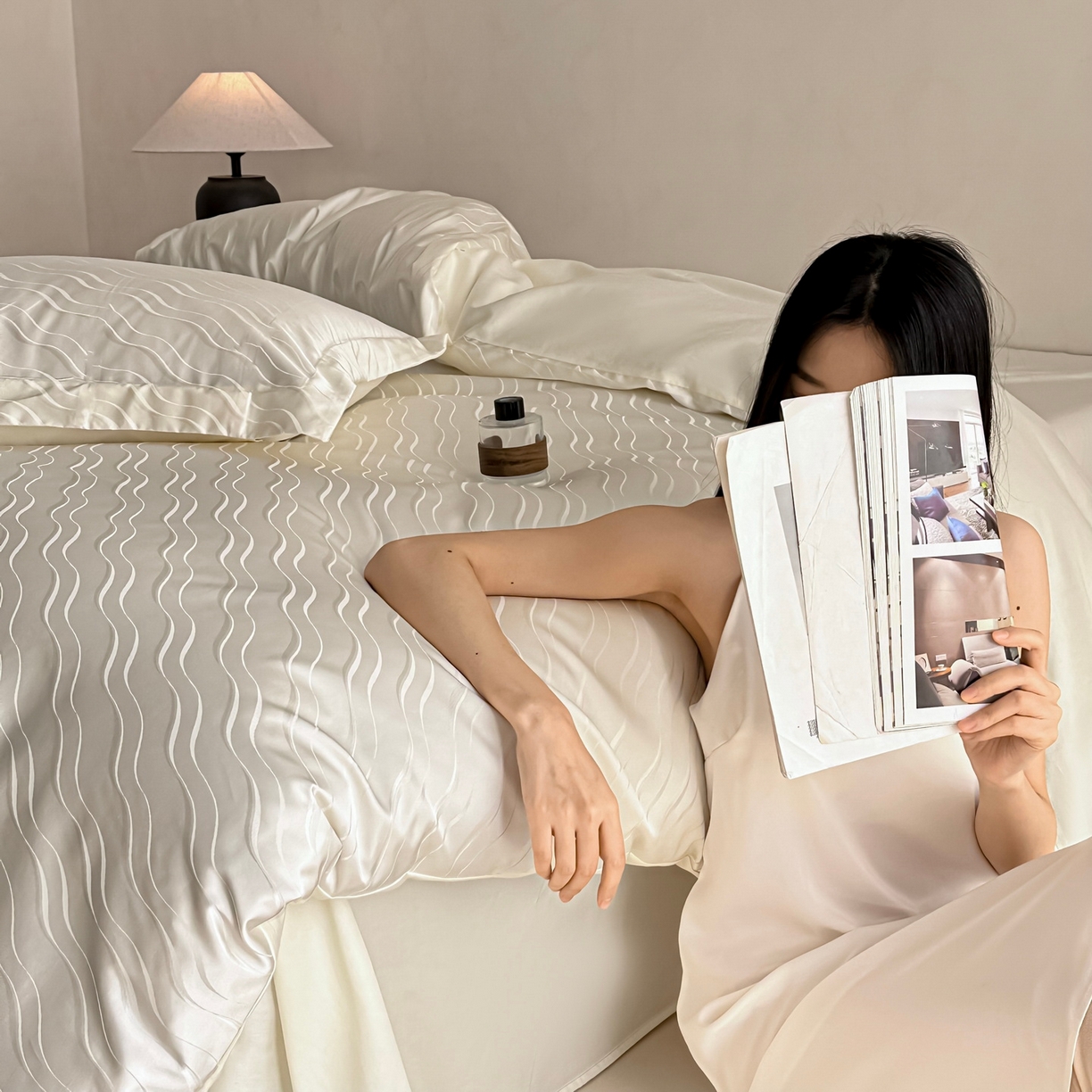 91家纺网 家纺一手货源 找家纺 慕晨 2026新款全棉纯棉文艺质感高级提花高精密四件套高端纯棉4件套直播热款 柔美-白