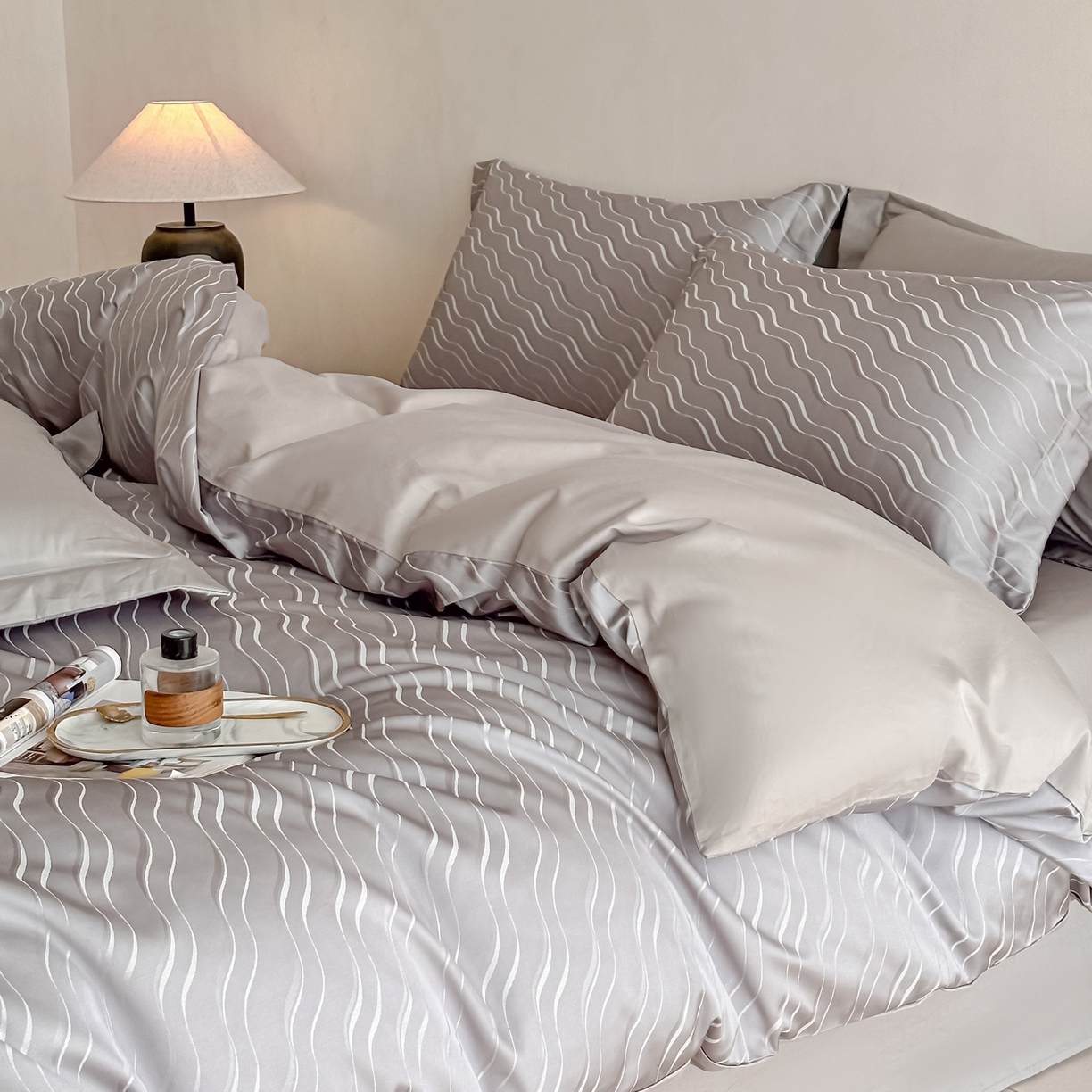 91家纺网 家纺一手货源 找家纺 慕晨 2026新款全棉纯棉文艺质感高级提花高精密四件套高端纯棉4件套直播热款 柔美-灰