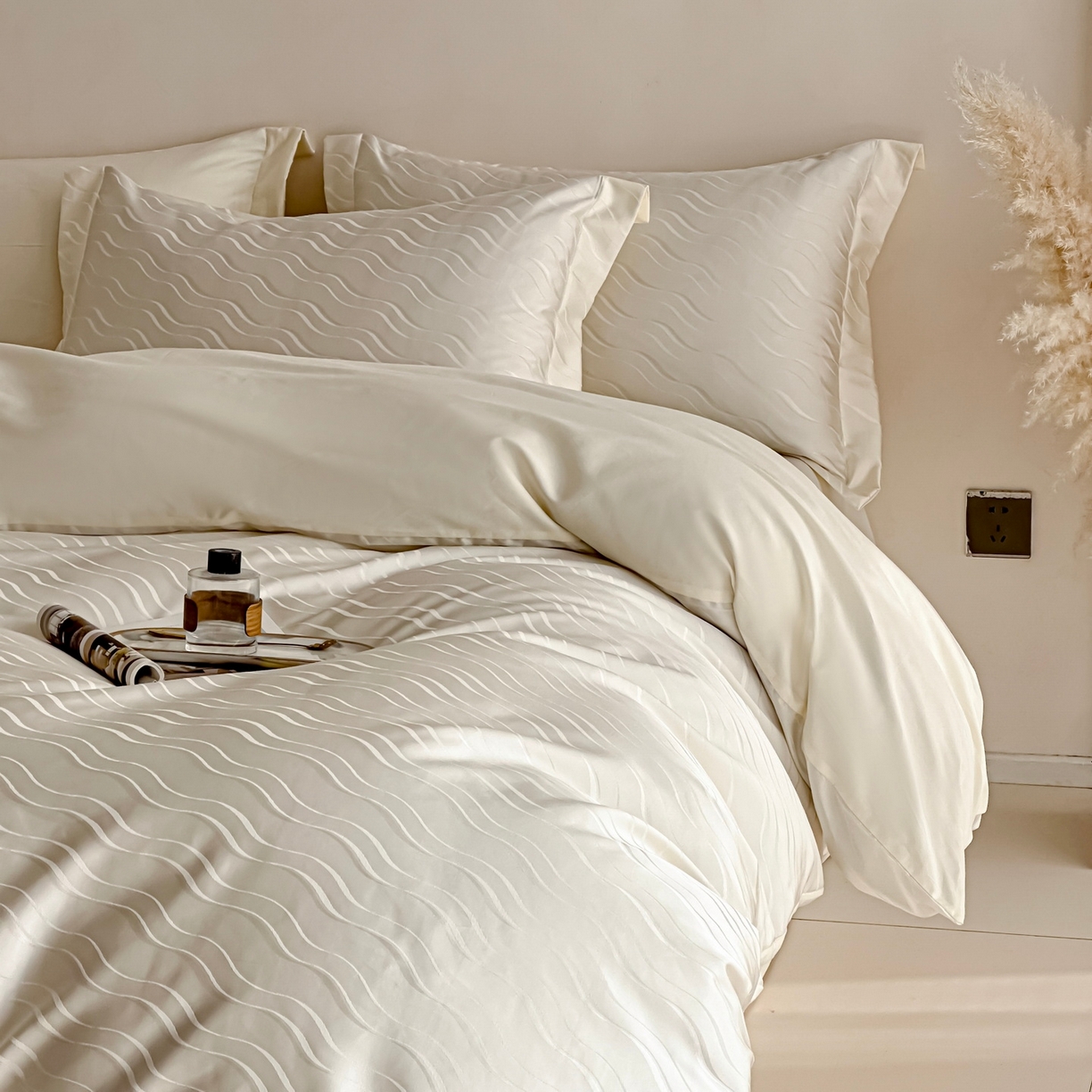 91家纺网 家纺一手货源 找家纺 慕晨 2026新款全棉纯棉文艺质感高级提花高精密四件套高端纯棉4件套直播热款 柔美-白