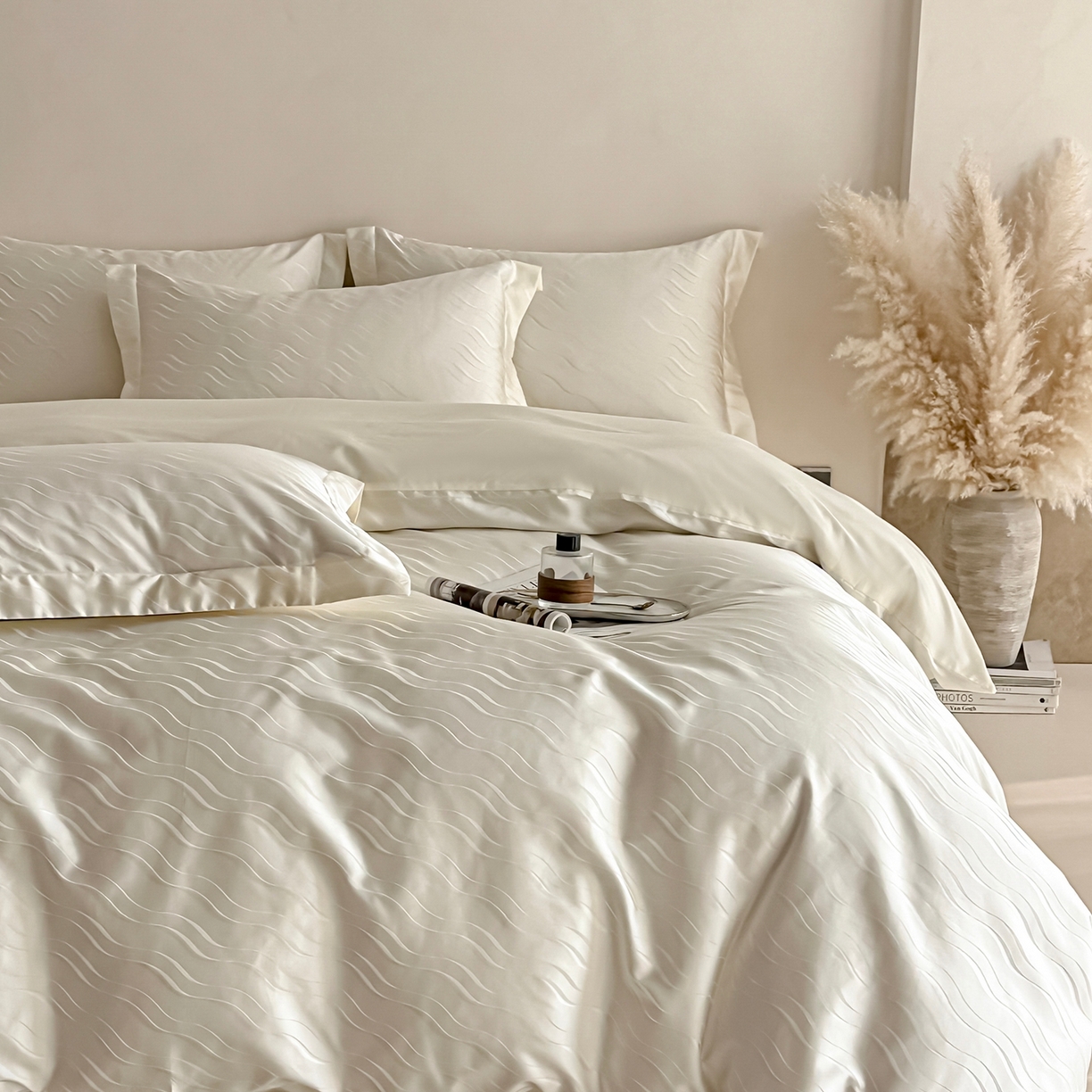 91家纺网 家纺一手货源 找家纺 慕晨 2026新款全棉纯棉文艺质感高级提花高精密四件套高端纯棉4件套直播热款 柔美-白