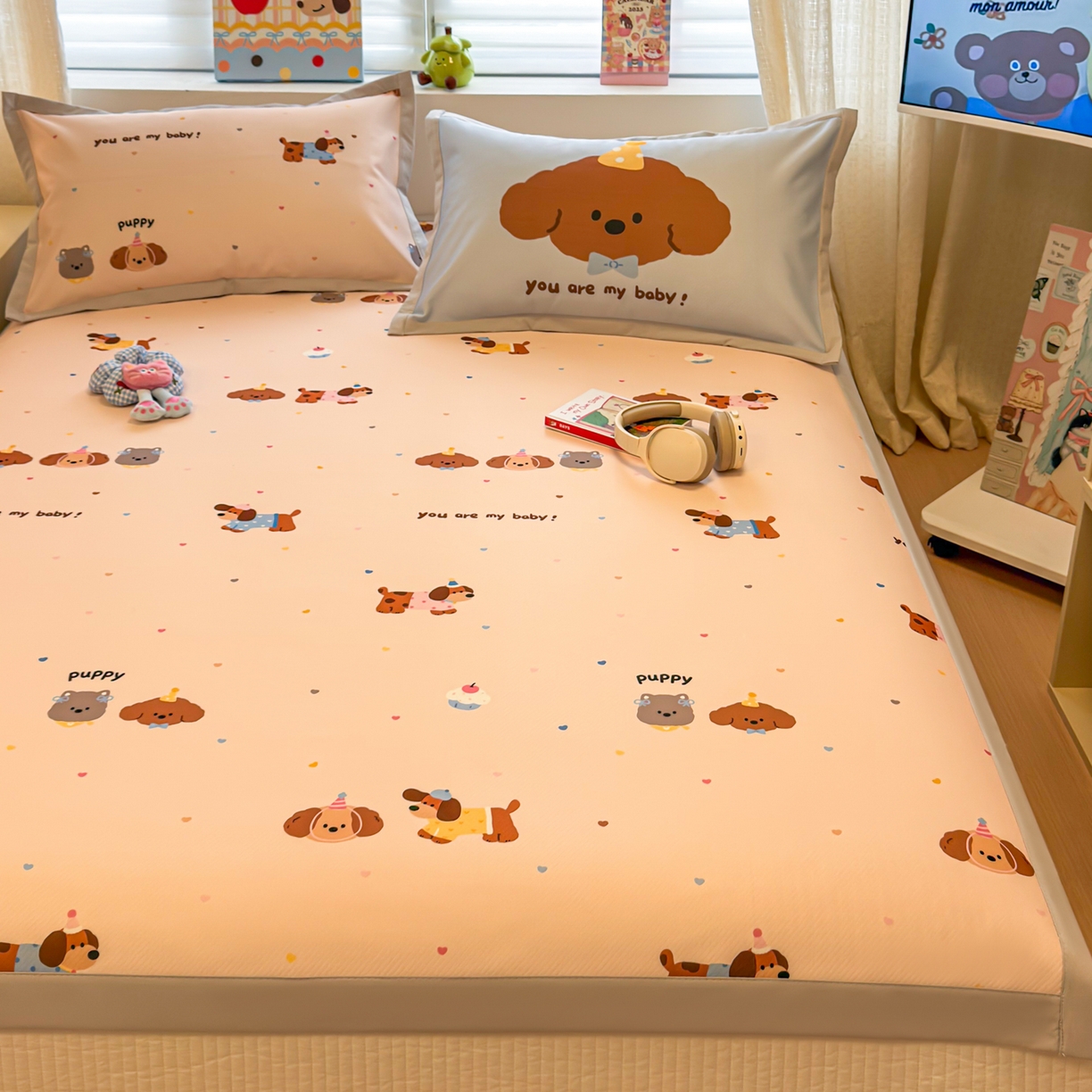 91家纺网 家纺一手货源 找家纺 懒猫家纺 2026春夏新款卡通印花A类凉感冰丝印花凉席席子 彩豆汪汪队