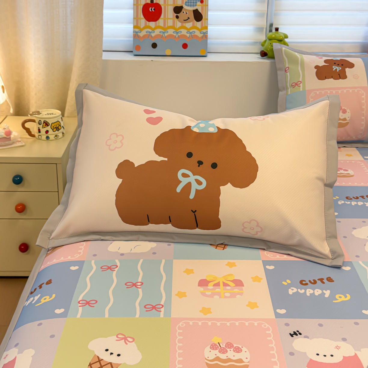 91家纺网 家纺一手货源 找家纺 懒猫家纺 2026春夏新款卡通印花A类凉感冰丝印花凉席席子 彩格萌宠