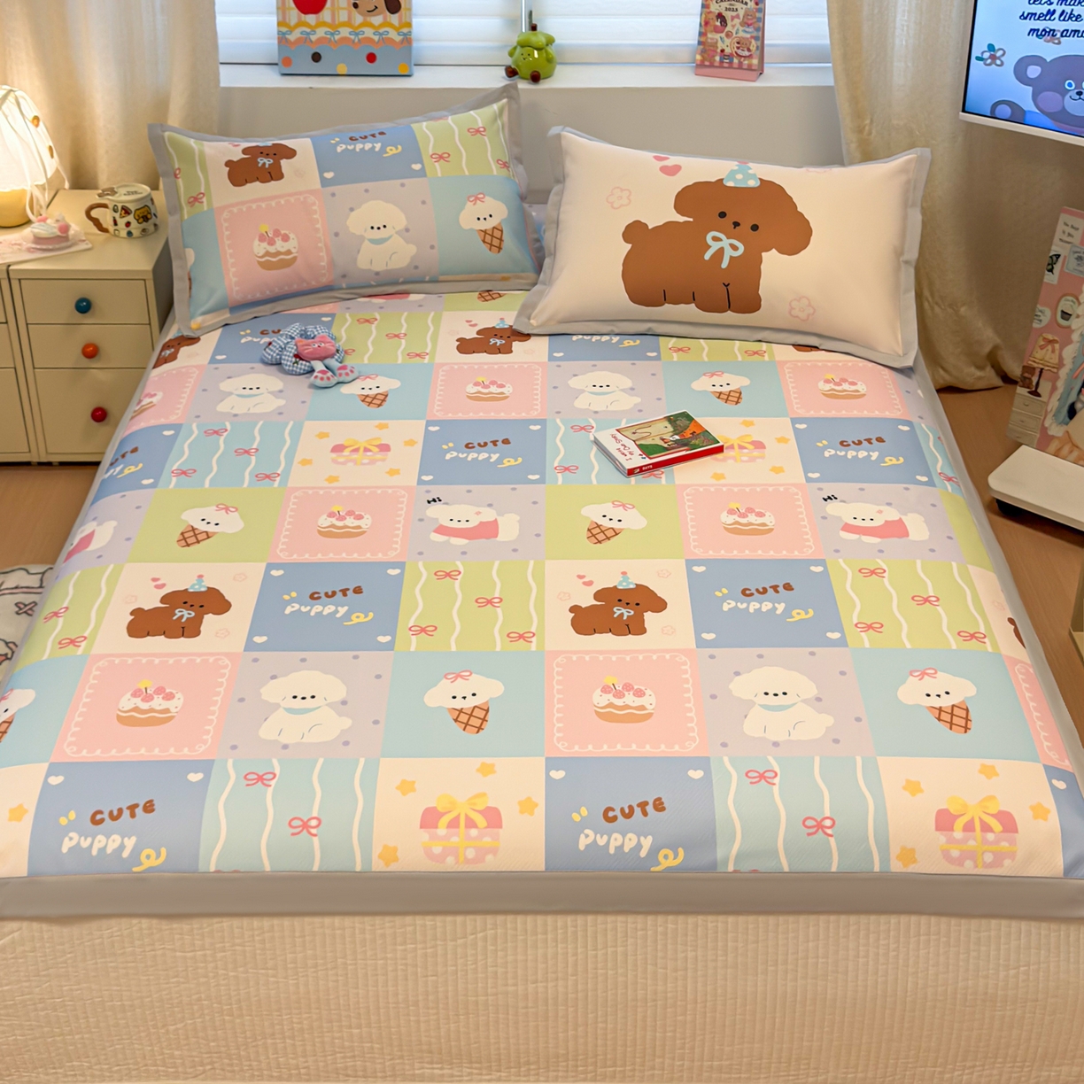 91家纺网 家纺一手货源 找家纺 懒猫家纺 2026春夏新款卡通印花A类凉感冰丝印花凉席席子 彩格萌宠