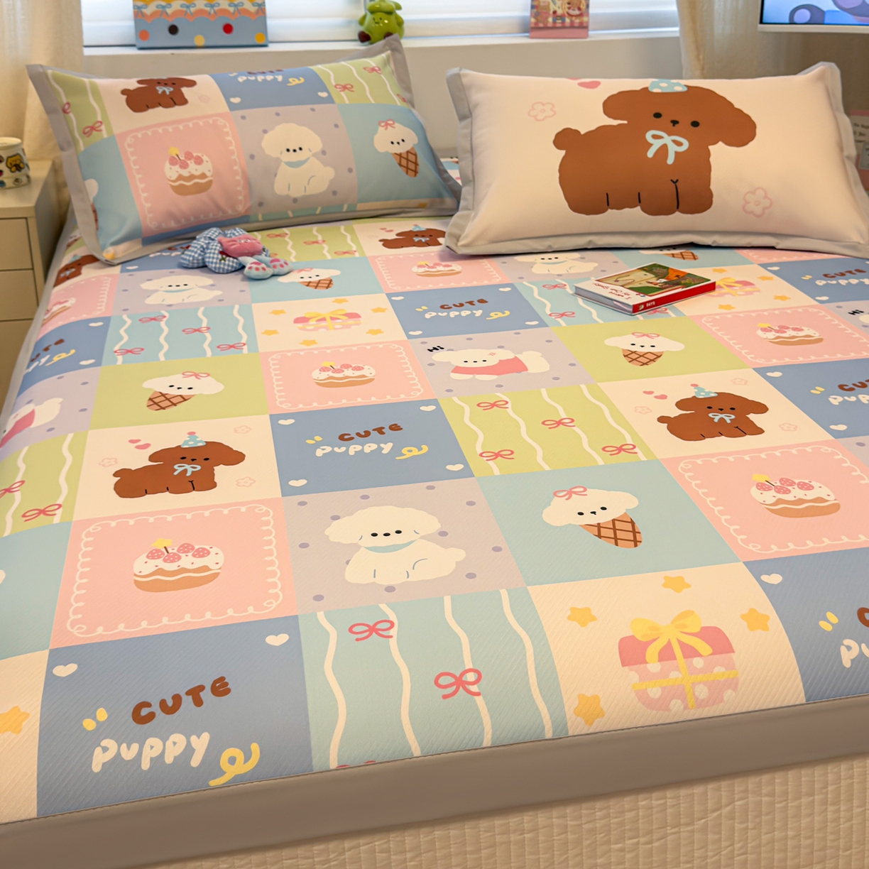 91家纺网 家纺一手货源 找家纺 懒猫家纺 2026春夏新款卡通印花A类凉感冰丝印花凉席席子 彩格萌宠