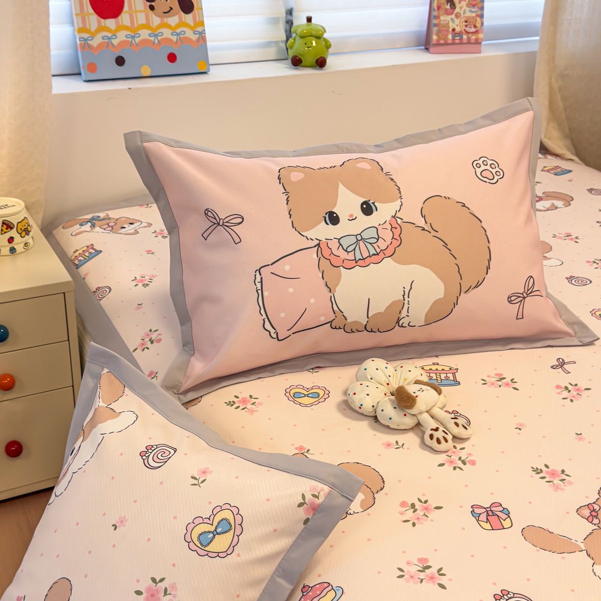 91家纺网 家纺一手货源 找家纺 懒猫家纺 2026春夏新款卡通印花A类凉感冰丝印花凉席席子 甜心茶语