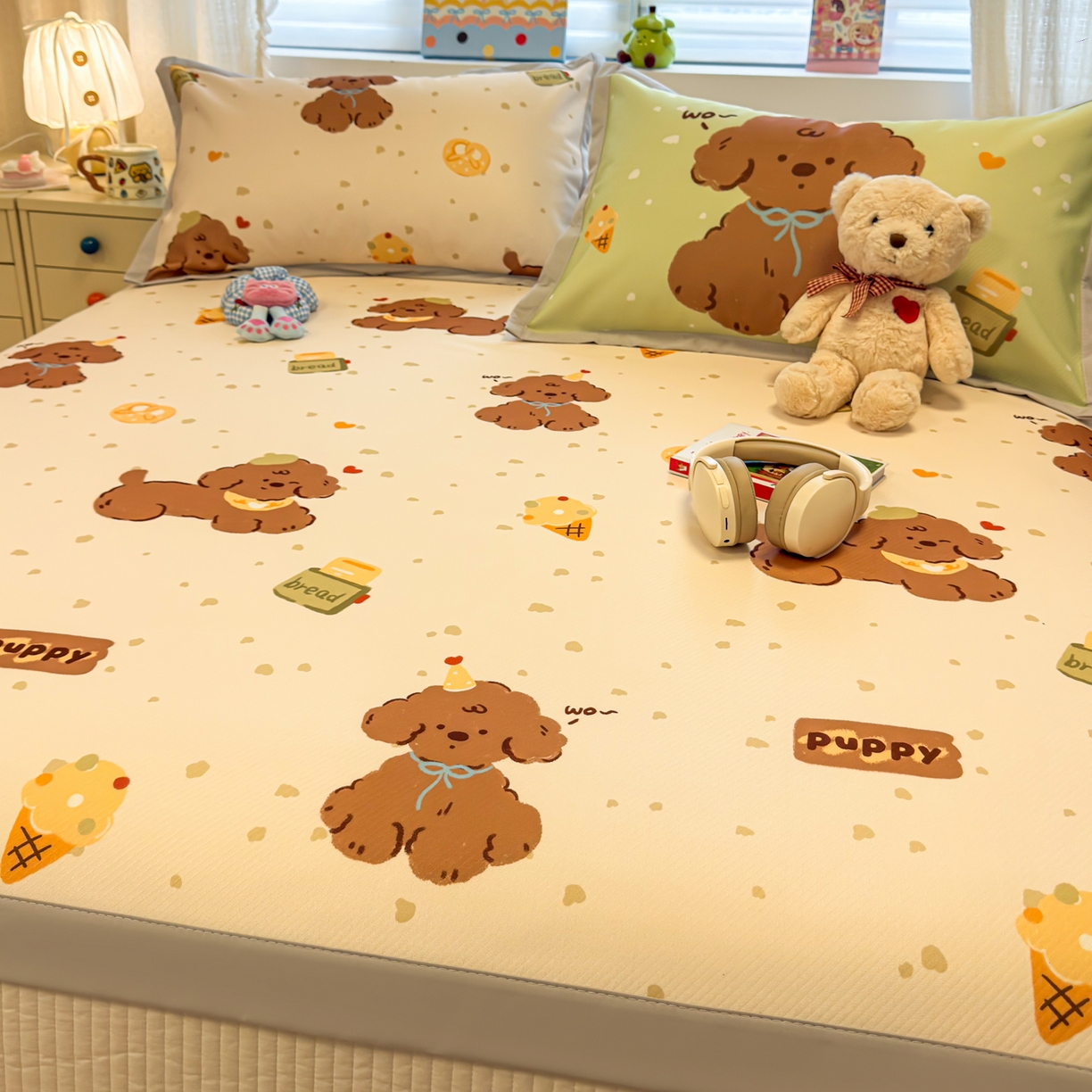 91家纺网 家纺一手货源 找家纺 懒猫家纺 2026春夏新款卡通印花A类凉感冰丝印花凉席席子 冰淇淋小狗