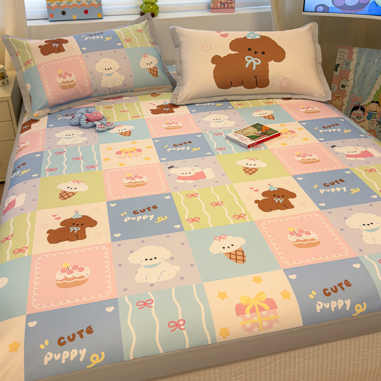 91家纺网 家纺一手货源 找家纺 懒猫家纺 2026春夏新款卡通印花A类凉感冰丝印花凉席席子 彩格萌宠