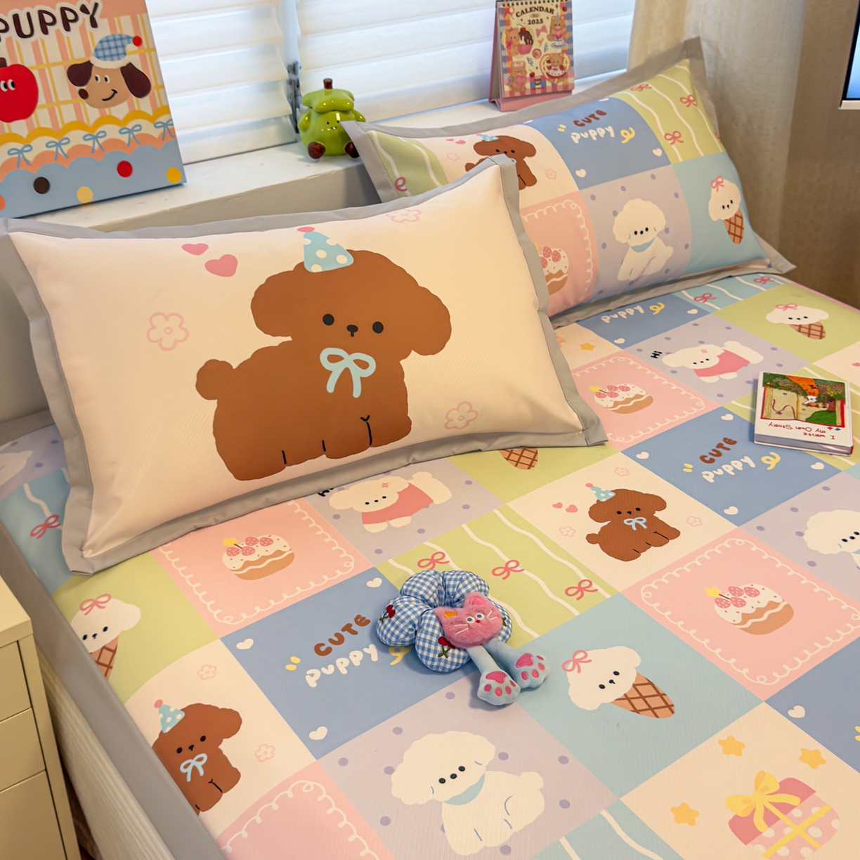 91家纺网 家纺一手货源 找家纺 懒猫家纺 2026春夏新款卡通印花A类凉感冰丝印花凉席席子 彩格萌宠