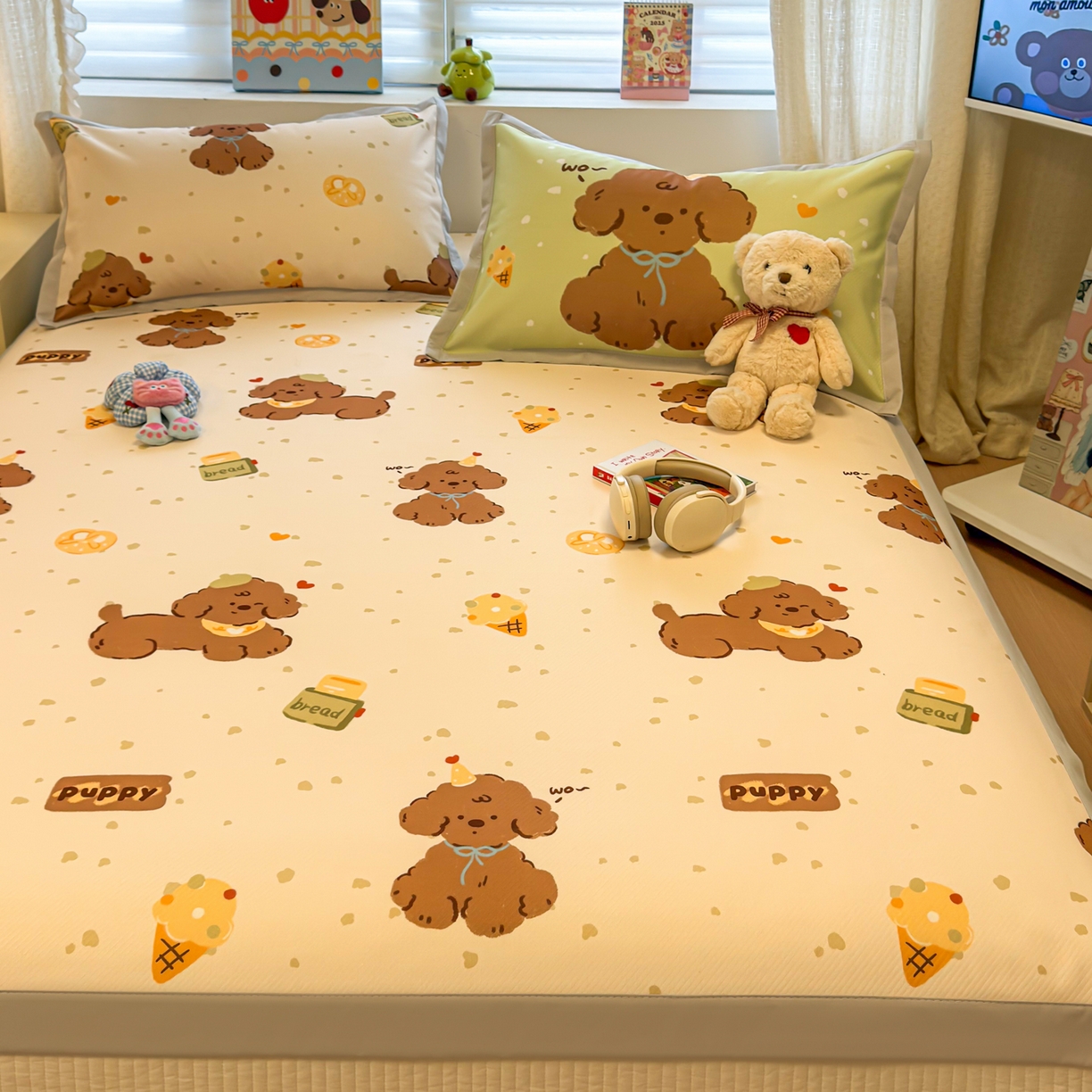 91家纺网 家纺一手货源 找家纺 懒猫家纺 2026春夏新款卡通印花A类凉感冰丝印花凉席席子 冰淇淋小狗