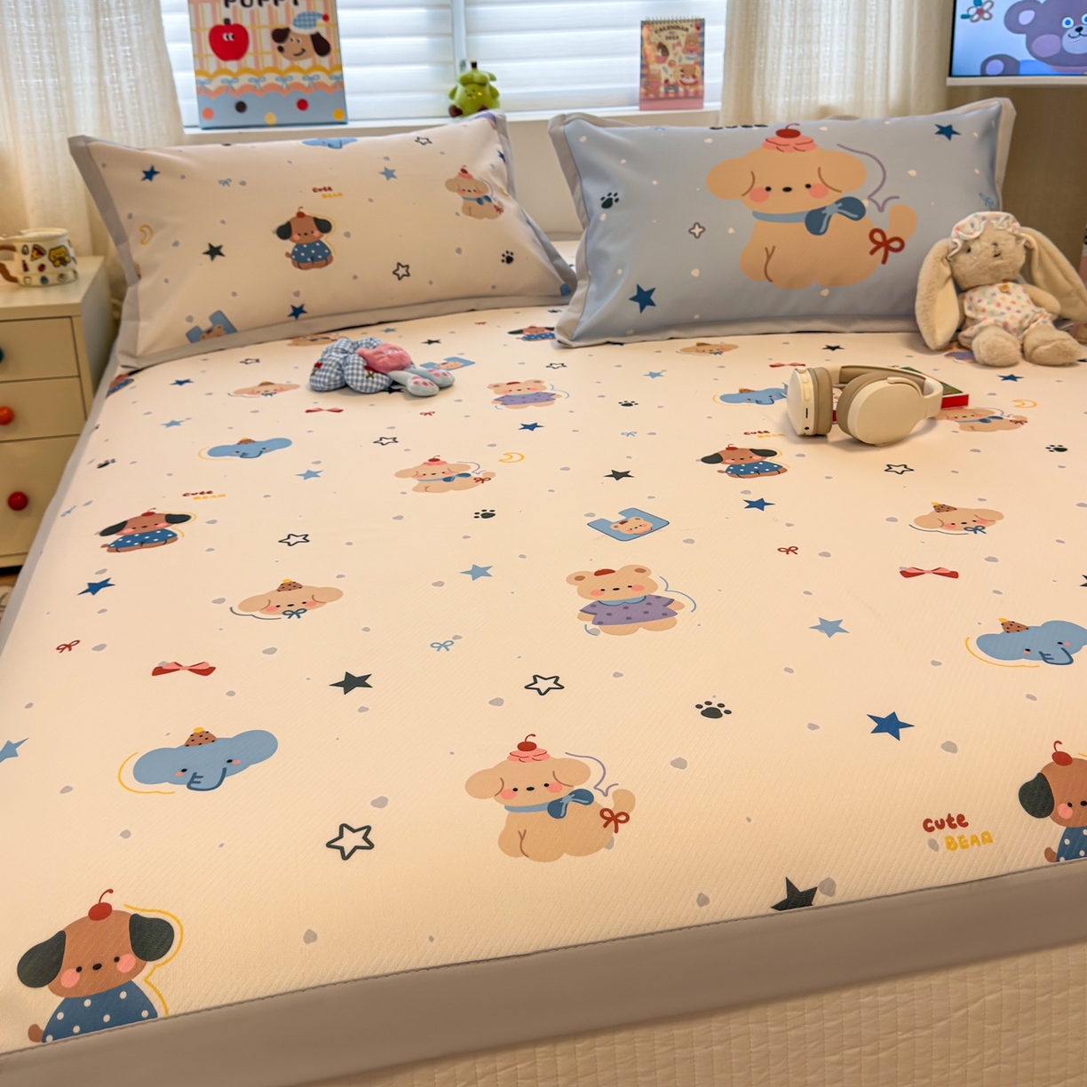 91家纺网 家纺一手货源 找家纺 懒猫家纺 2026春夏新款卡通印花A类凉感冰丝印花凉席席子 星愿萌宠