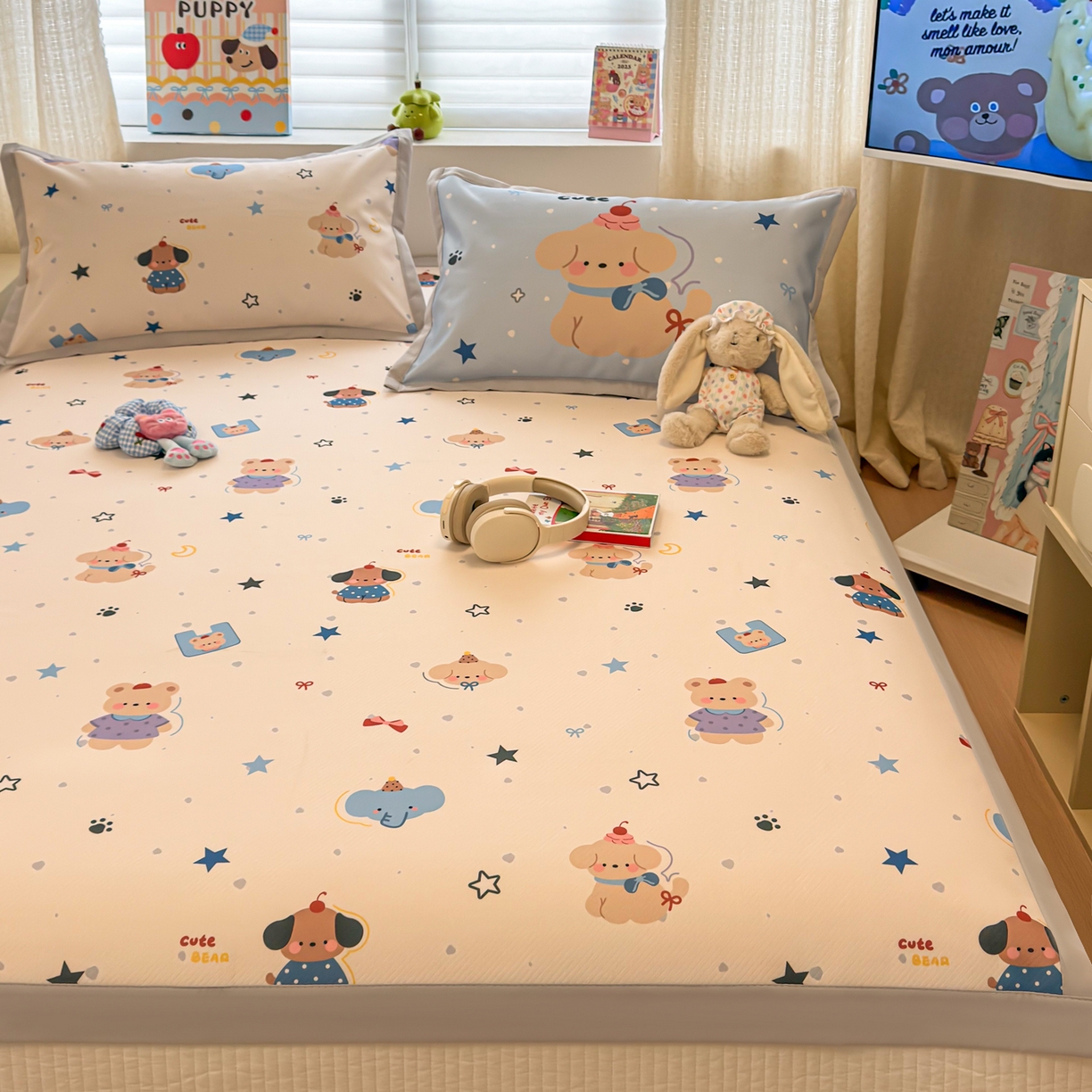 91家纺网 家纺一手货源 找家纺 懒猫家纺 2026春夏新款卡通印花A类凉感冰丝印花凉席席子 星愿萌宠