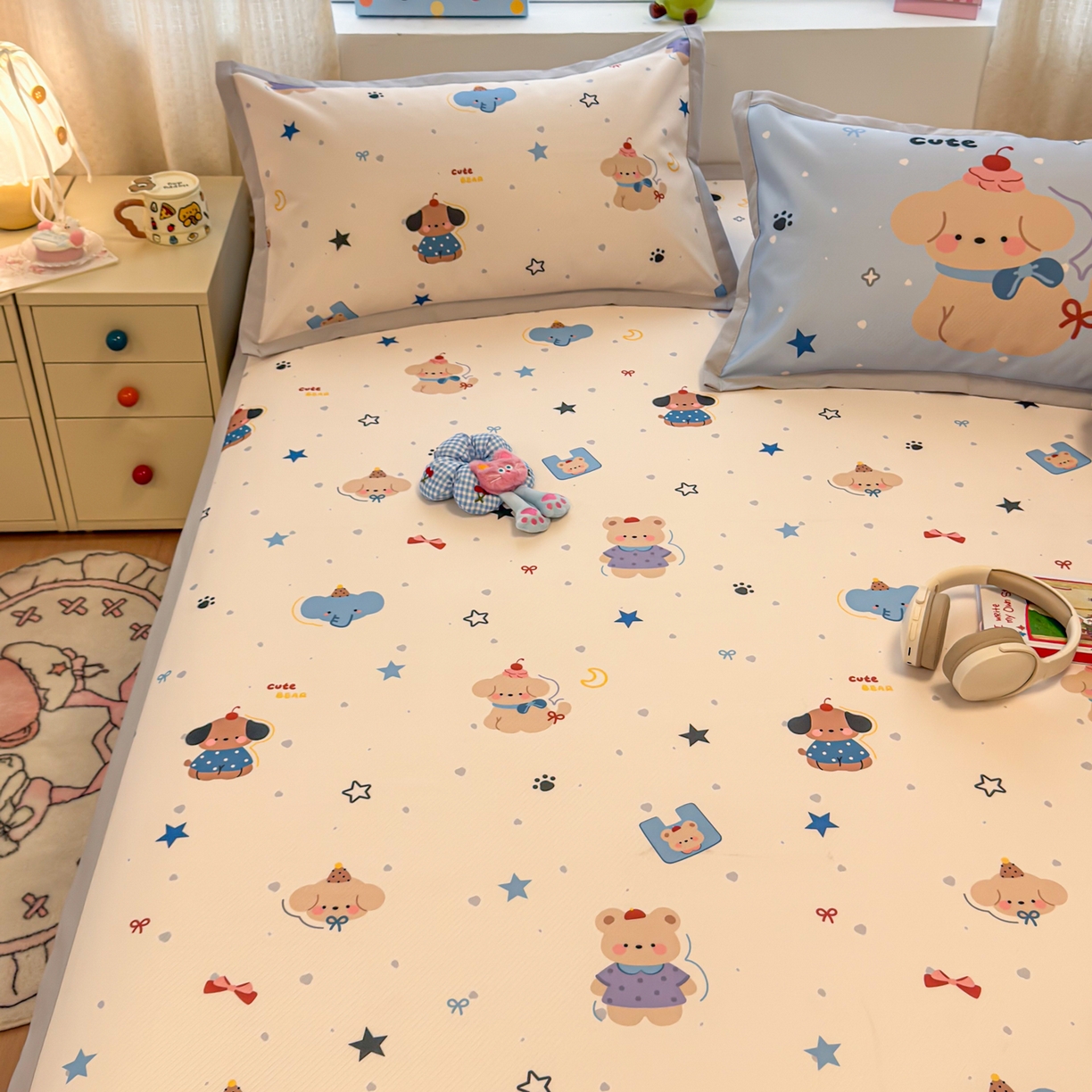 91家纺网 家纺一手货源 找家纺 懒猫家纺 2026春夏新款卡通印花A类凉感冰丝印花凉席席子 星愿萌宠