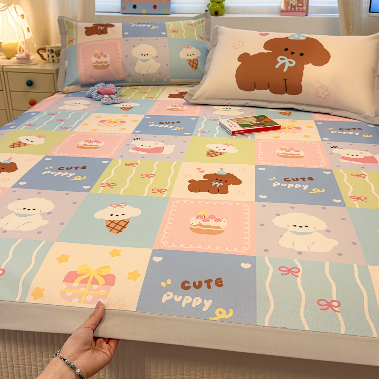 懒猫家纺 2026春夏新款卡通印花A类凉感冰丝印花凉席席子 彩格萌宠