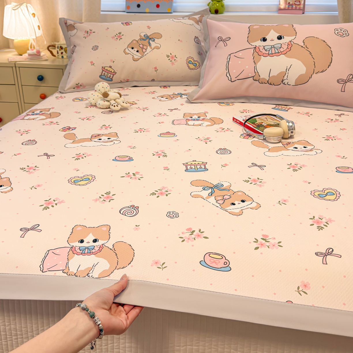 懒猫家纺 2026春夏新款卡通印花A类凉感冰丝印花凉席席子 甜心茶语