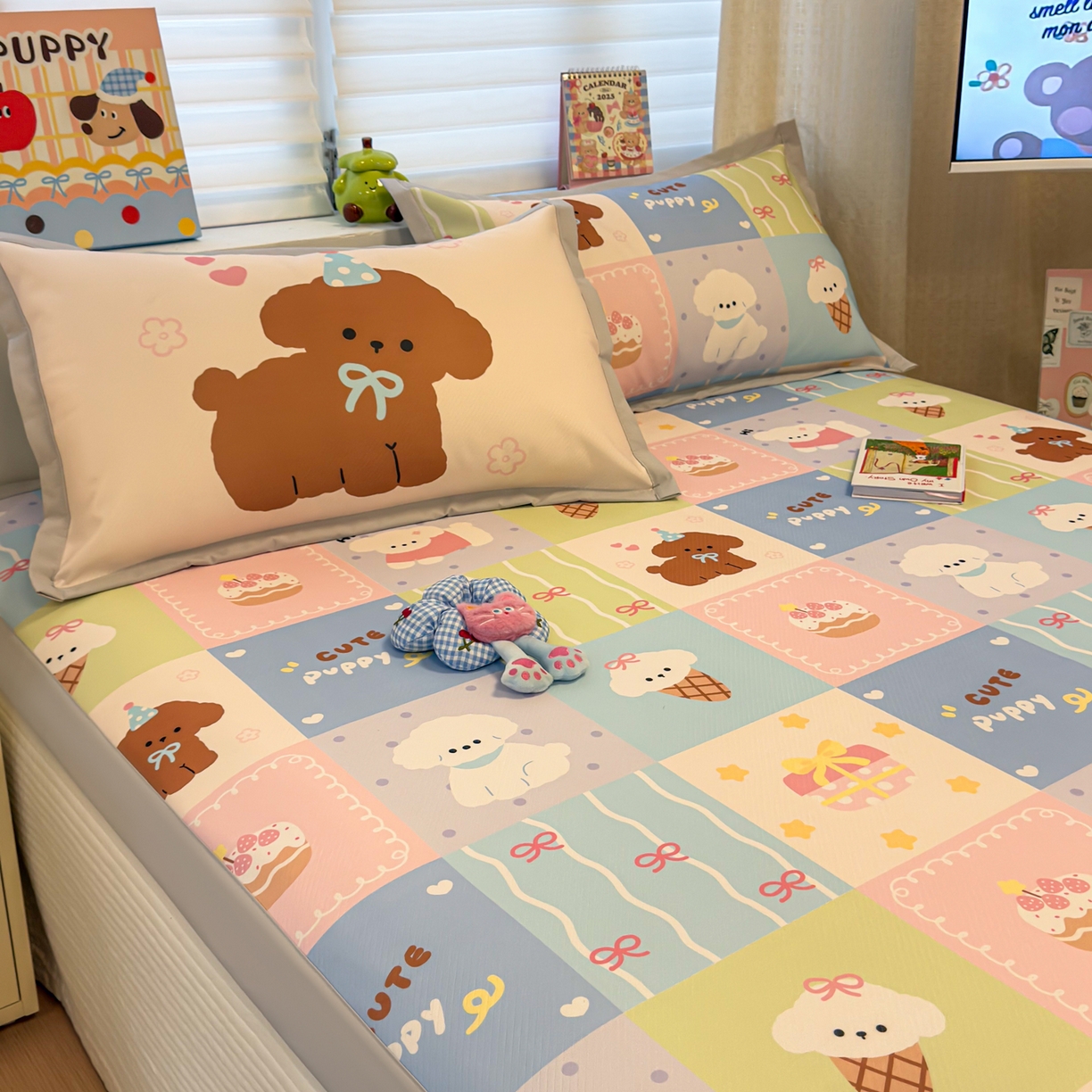 91家纺网 家纺一手货源 找家纺 懒猫家纺 2026春夏新款卡通印花A类凉感冰丝印花凉席席子 彩格萌宠