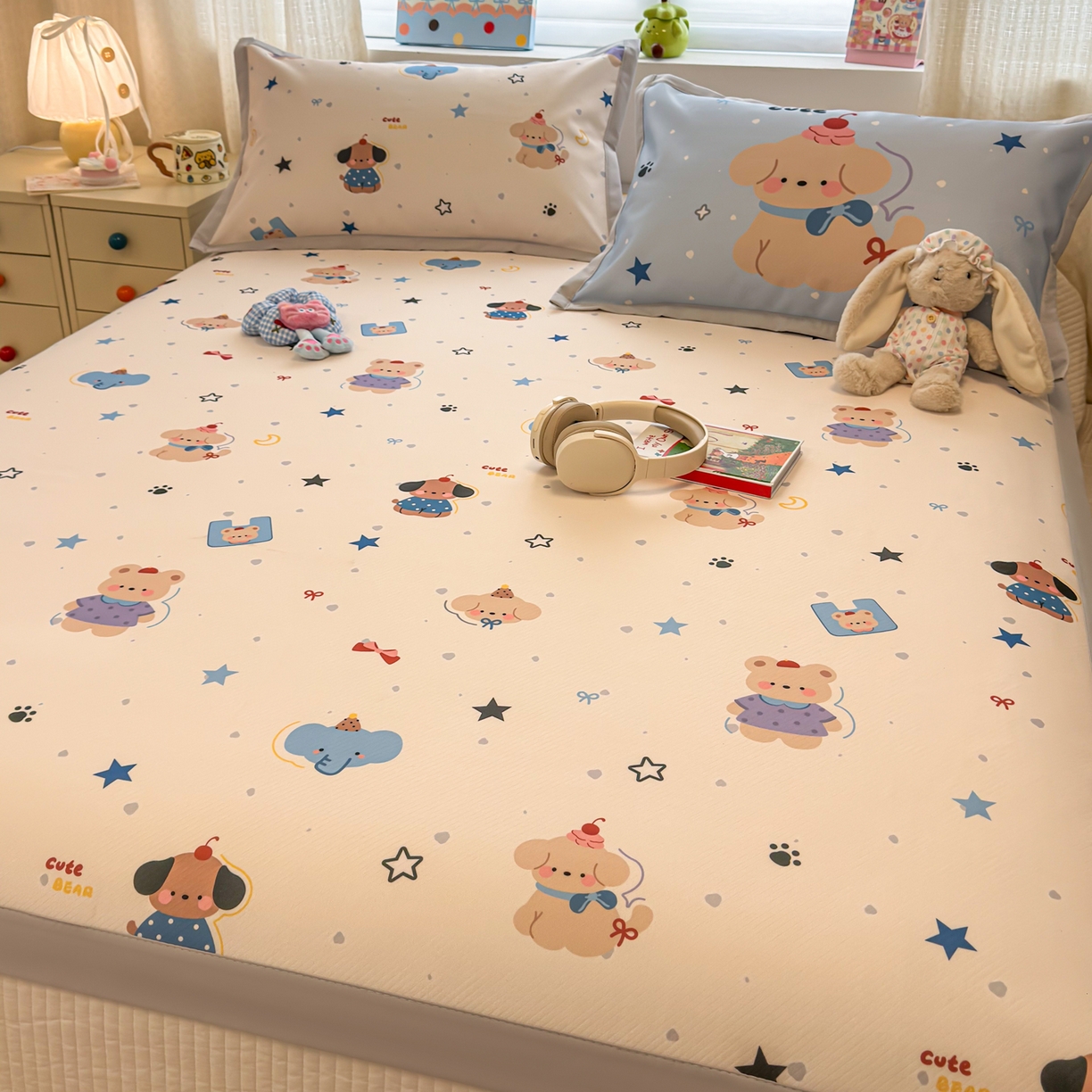 91家纺网 家纺一手货源 找家纺 懒猫家纺 2026春夏新款卡通印花A类凉感冰丝印花凉席席子 星愿萌宠