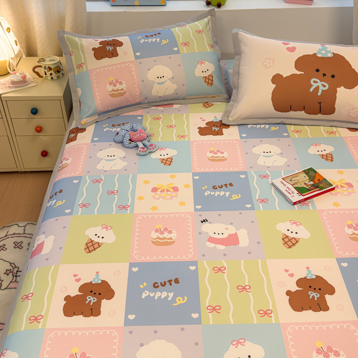 91家纺网 家纺一手货源 找家纺 懒猫家纺 2026春夏新款卡通印花A类凉感冰丝印花凉席席子 彩格萌宠