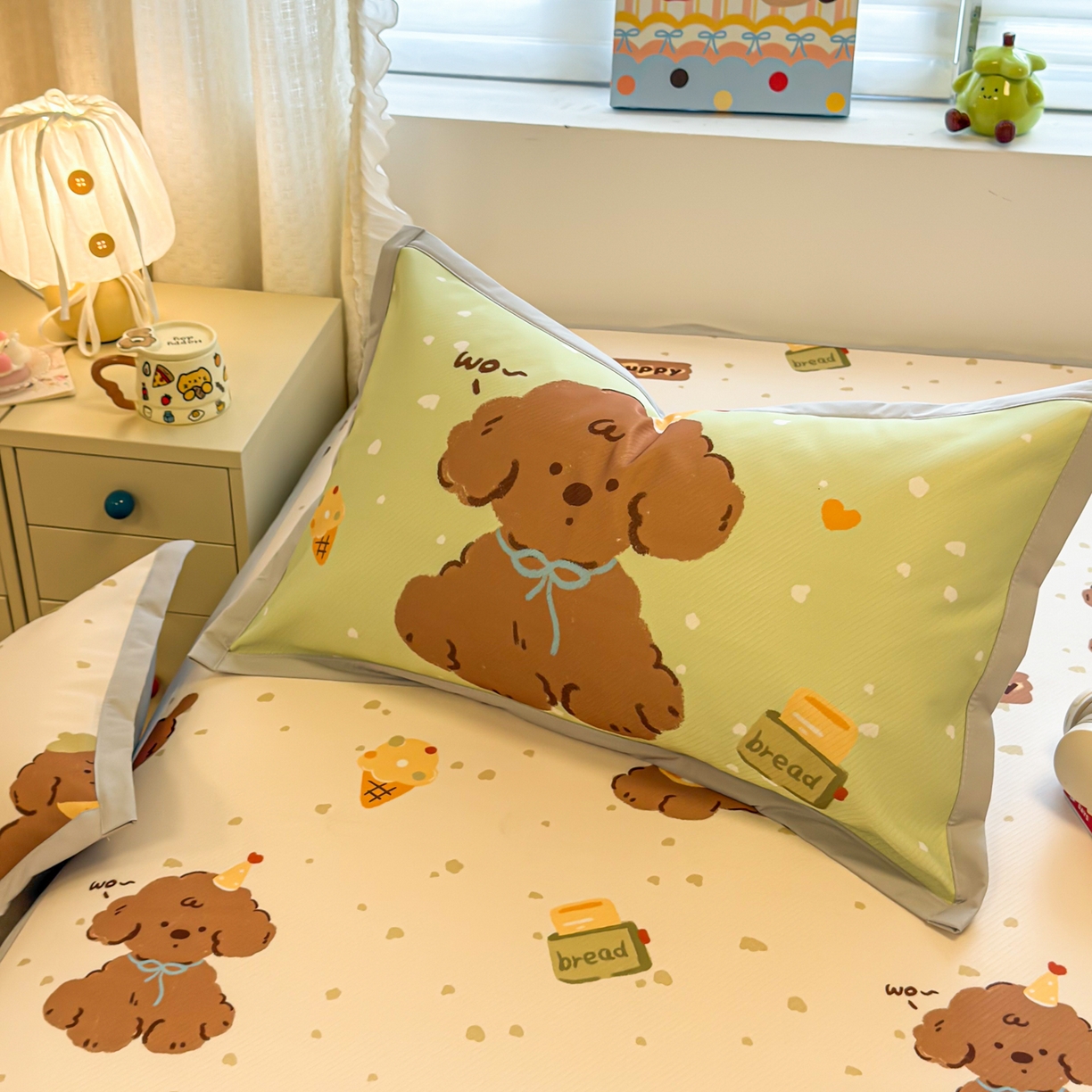 91家纺网 家纺一手货源 找家纺 懒猫家纺 2026春夏新款卡通印花A类凉感冰丝印花凉席席子 冰淇淋小狗