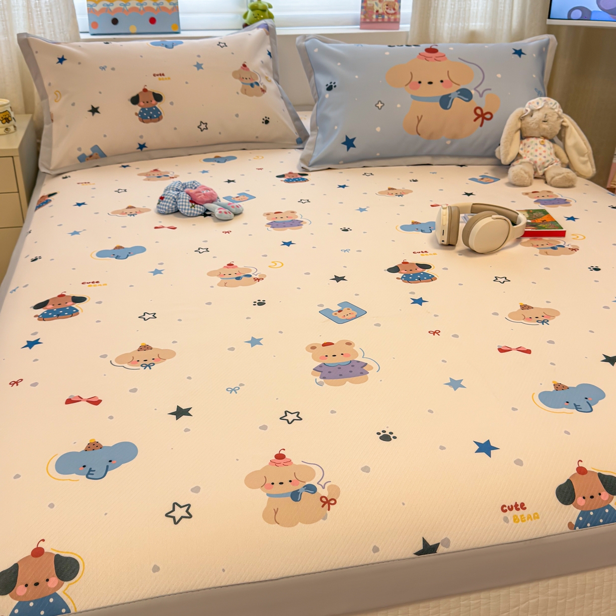 91家纺网 家纺一手货源 找家纺 懒猫家纺 2026春夏新款卡通印花A类凉感冰丝印花凉席席子 星愿萌宠