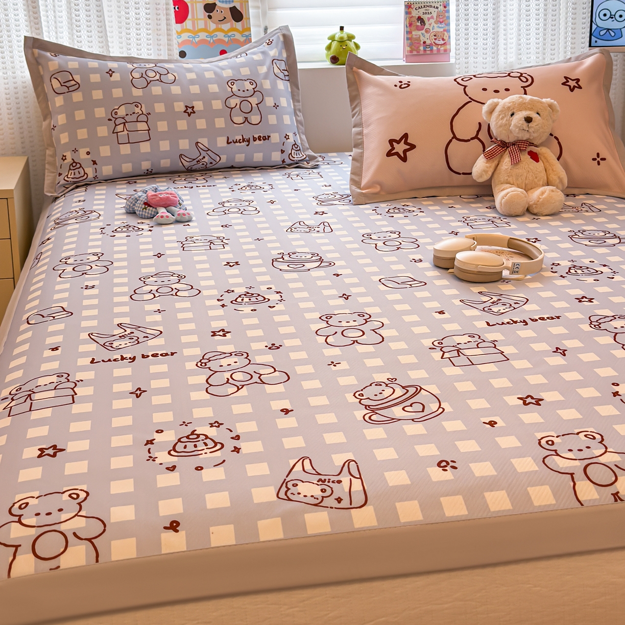 91家纺网 家纺一手货源 找家纺 懒猫家纺 2026春夏新款卡通印花A类凉感冰丝印花凉席席子 礼物小熊