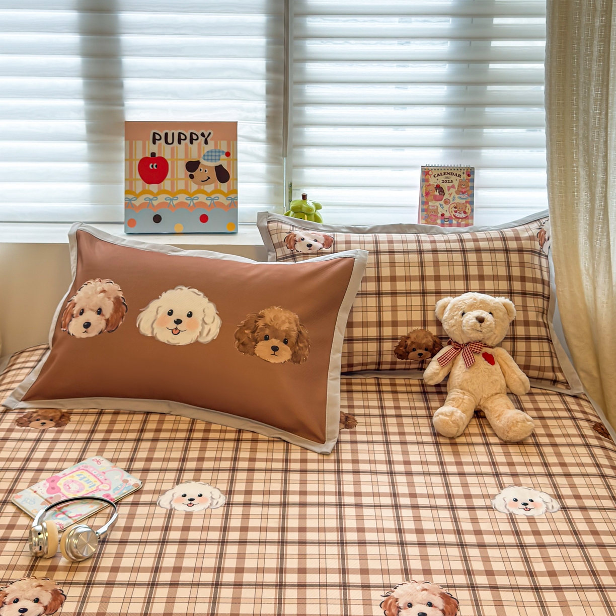 91家纺网 家纺一手货源 找家纺 懒猫家纺 2026春夏新款卡通印花A类凉感冰丝印花凉席席子 格纹爱犬