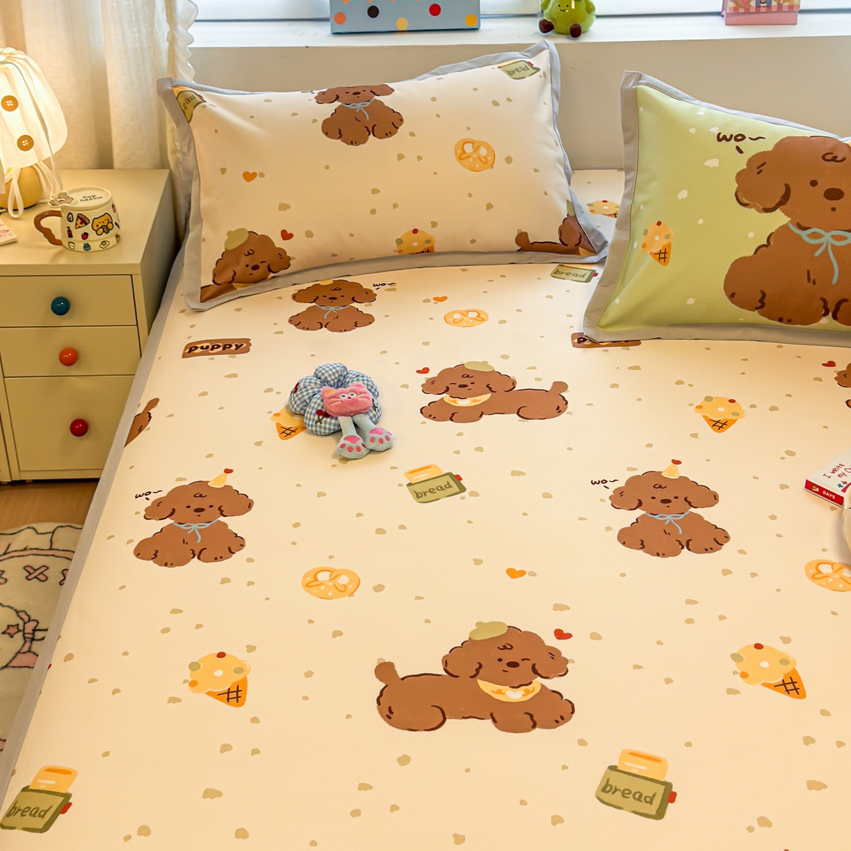 91家纺网 家纺一手货源 找家纺 懒猫家纺 2026春夏新款卡通印花A类凉感冰丝印花凉席席子 冰淇淋小狗