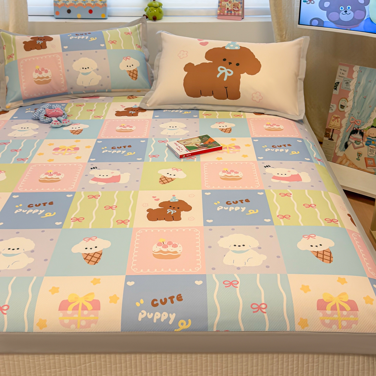 91家纺网 家纺一手货源 找家纺 懒猫家纺 2026春夏新款卡通印花A类凉感冰丝印花凉席席子 彩格萌宠