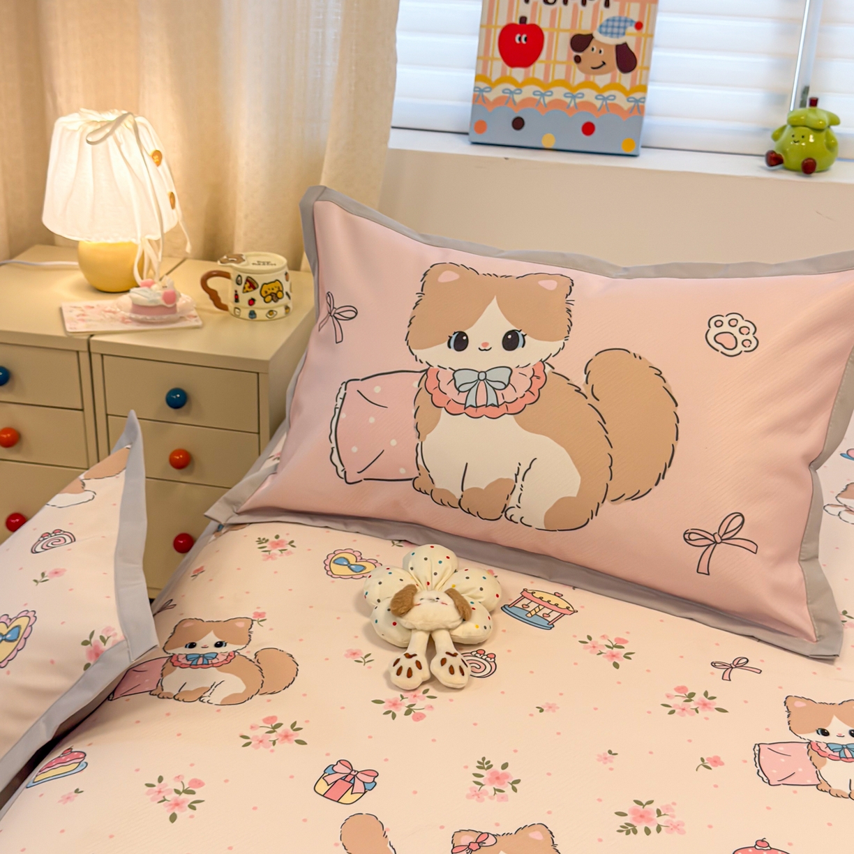 91家纺网 家纺一手货源 找家纺 懒猫家纺 2026春夏新款卡通印花A类凉感冰丝印花凉席席子 甜心茶语