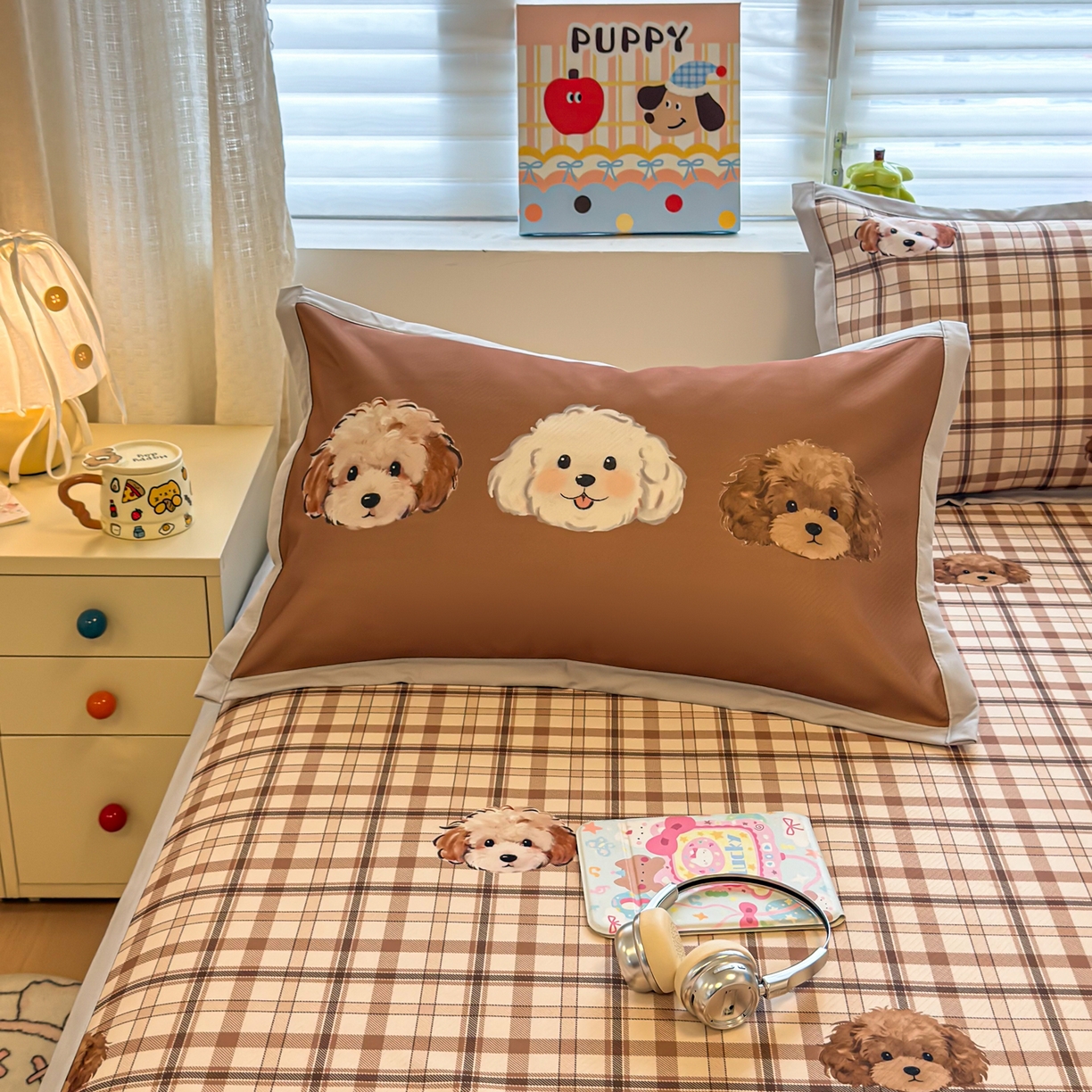 91家纺网 家纺一手货源 找家纺 懒猫家纺 2026春夏新款卡通印花A类凉感冰丝印花凉席席子 格纹爱犬