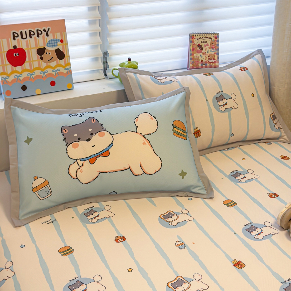 91家纺网 家纺一手货源 找家纺 懒猫家纺 2026春夏新款卡通印花A类凉感冰丝印花凉席席子 汉堡小狗