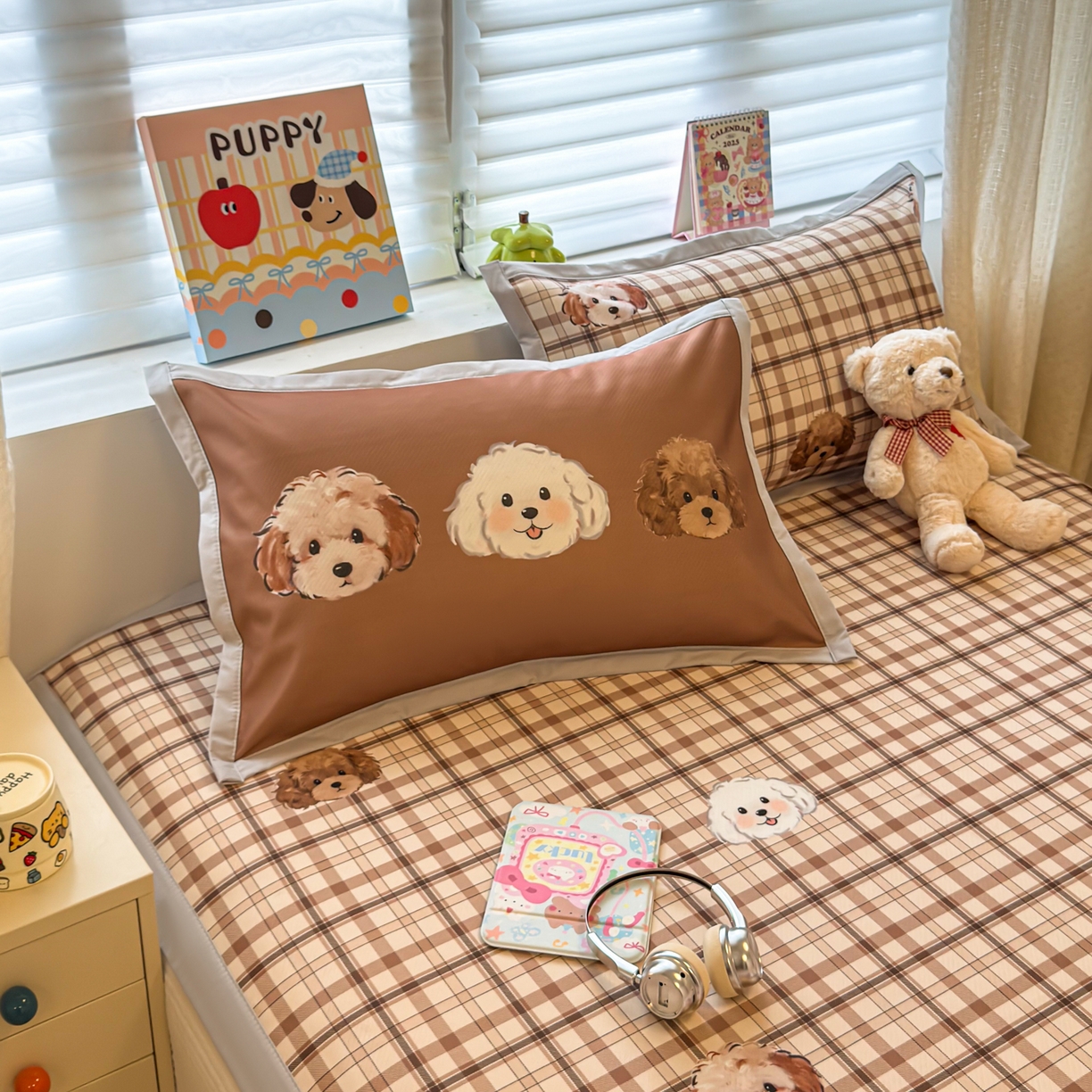 91家纺网 家纺一手货源 找家纺 懒猫家纺 2026春夏新款卡通印花A类凉感冰丝印花凉席席子 格纹爱犬