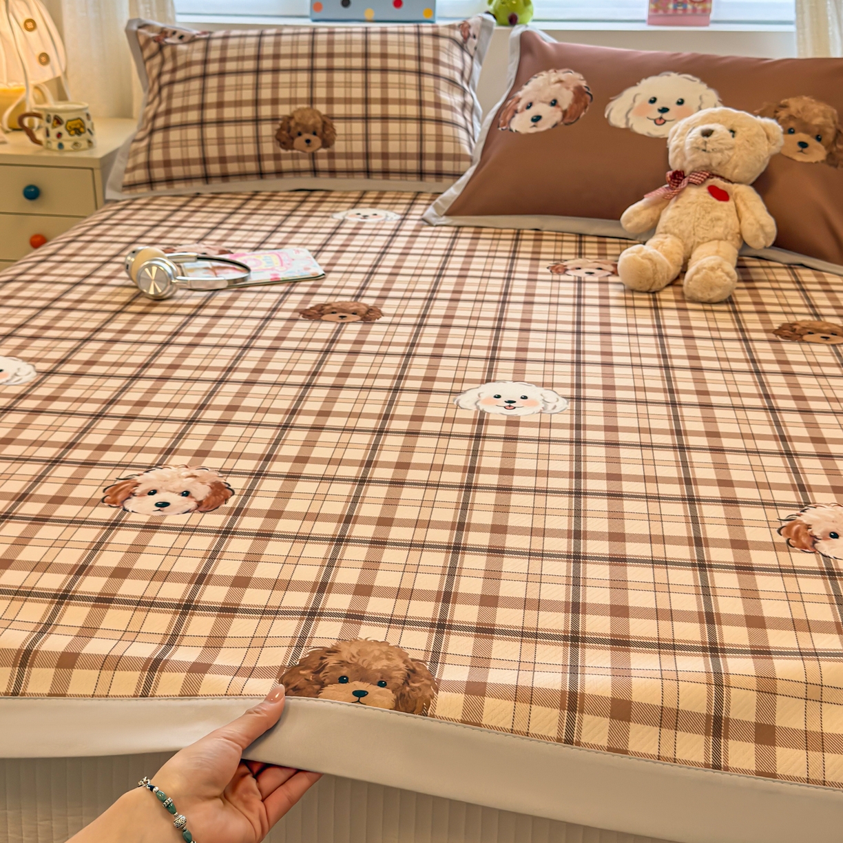 懒猫家纺 2026春夏新款卡通印花A类凉感冰丝印花凉席席子 格纹爱犬