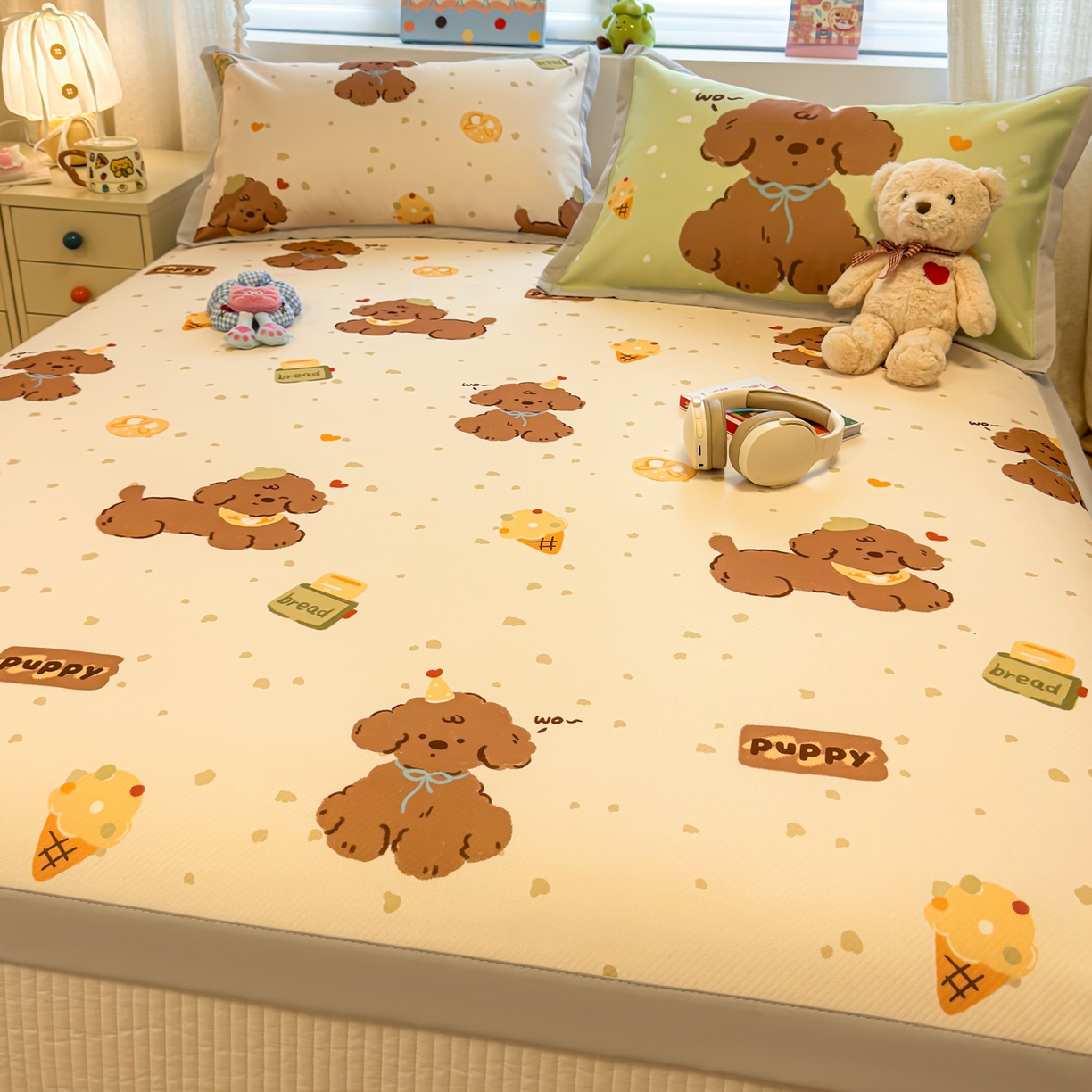 91家纺网 家纺一手货源 找家纺 懒猫家纺 2026春夏新款卡通印花A类凉感冰丝印花凉席席子 冰淇淋小狗