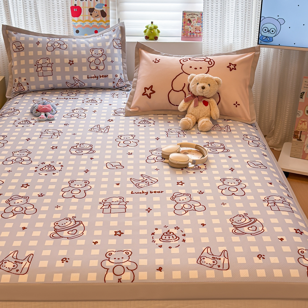 91家纺网 家纺一手货源 找家纺 懒猫家纺 2026春夏新款卡通印花A类凉感冰丝印花凉席席子 礼物小熊