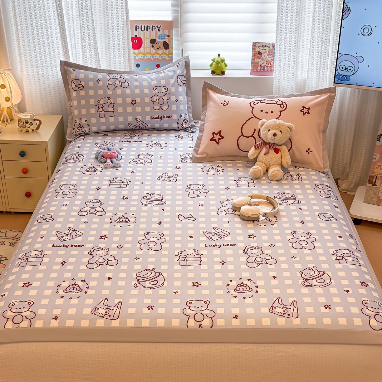 91家纺网 家纺一手货源 找家纺 懒猫家纺 2026春夏新款卡通印花A类凉感冰丝印花凉席席子 礼物小熊