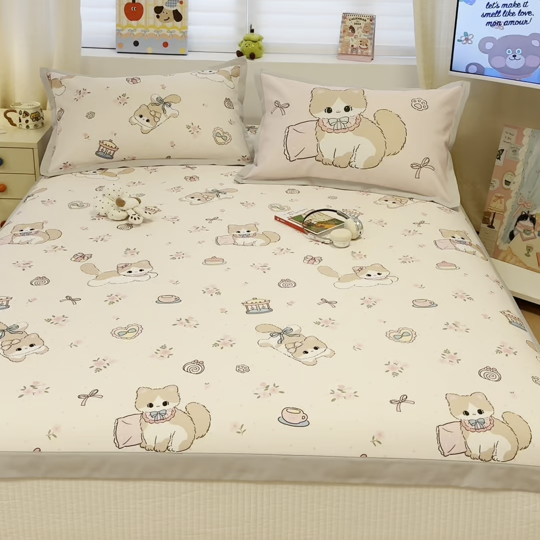 91家纺网 家纺一手货源 找家纺 懒猫家纺 2026春夏新款卡通印花A类凉感冰丝印花凉席席子 甜心茶语