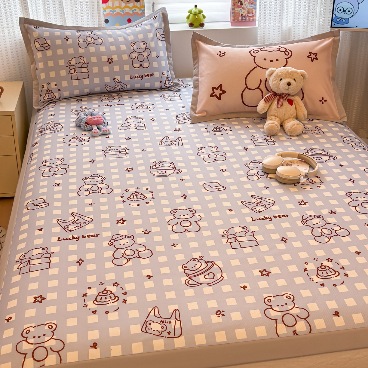 91家纺网 家纺一手货源 找家纺 懒猫家纺 2026春夏新款卡通印花A类凉感冰丝印花凉席席子 礼物小熊