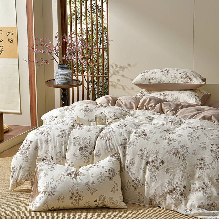 91家纺网 家纺一手货源 找家纺 绘萱家居 2026新款纯棉+麻棉麻全棉印花四件套 花影眠