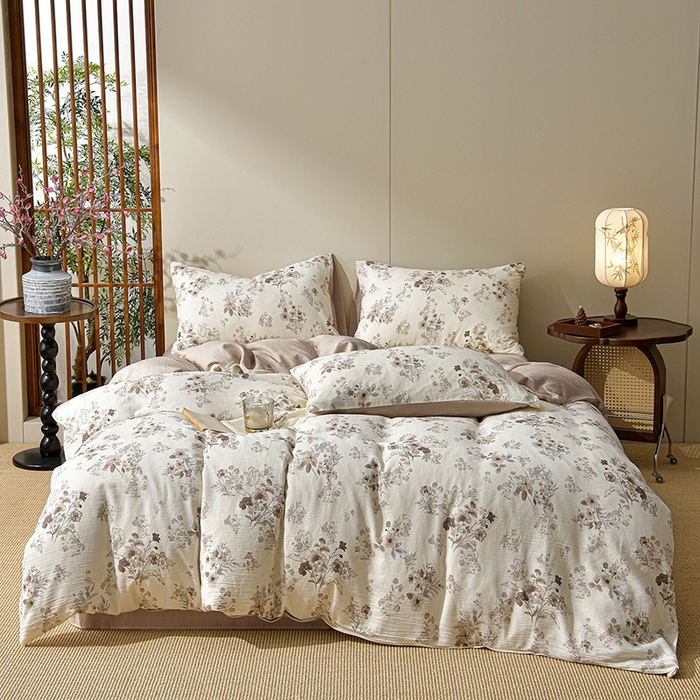 91家纺网 家纺一手货源 找家纺 绘萱家居 2026新款纯棉+麻棉麻全棉印花四件套 花影眠