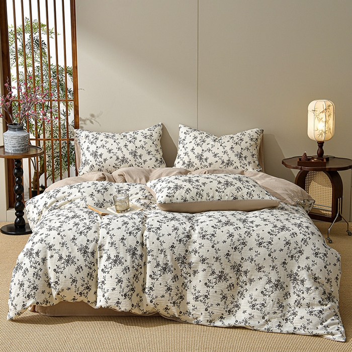 91家纺网 家纺一手货源 找家纺 绘萱家居 2026新款纯棉+麻棉麻全棉印花四件套 枝蔓轻语