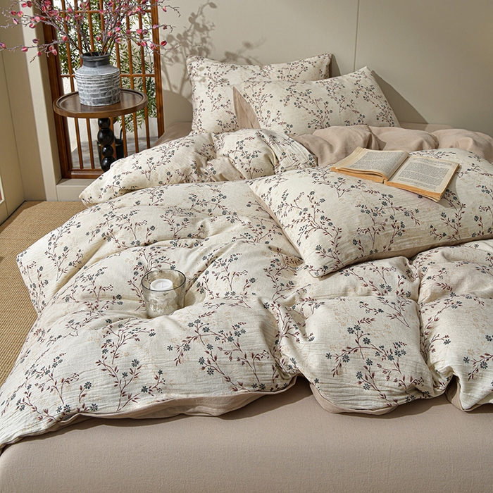 91家纺网 家纺一手货源 找家纺 绘萱家居 2026新款纯棉+麻棉麻全棉印花四件套 素枝春信