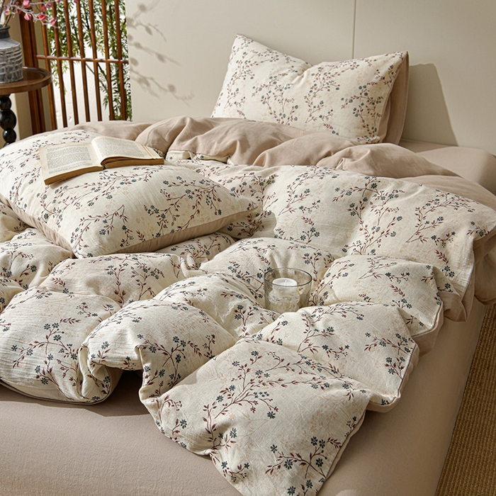 91家纺网 家纺一手货源 找家纺 绘萱家居 2026新款纯棉+麻棉麻全棉印花四件套 素枝春信