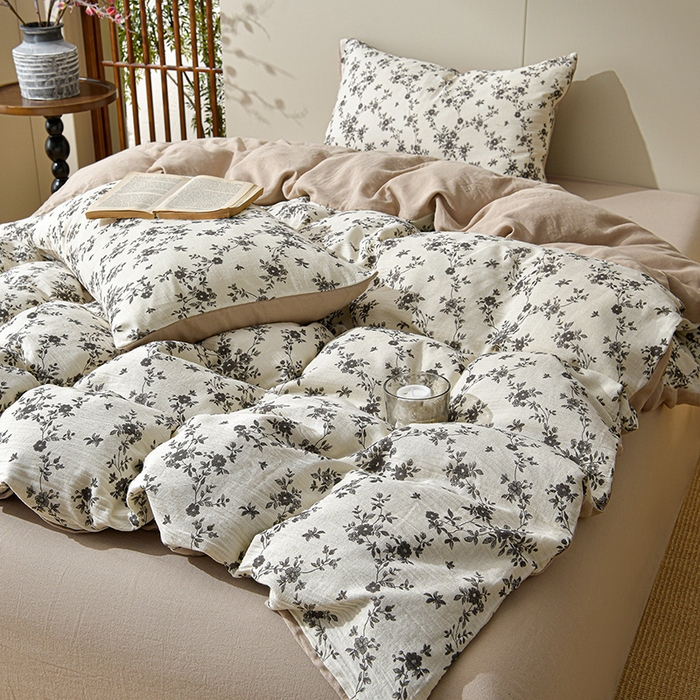 91家纺网 家纺一手货源 找家纺 绘萱家居 2026新款纯棉+麻棉麻全棉印花四件套 枝蔓轻语