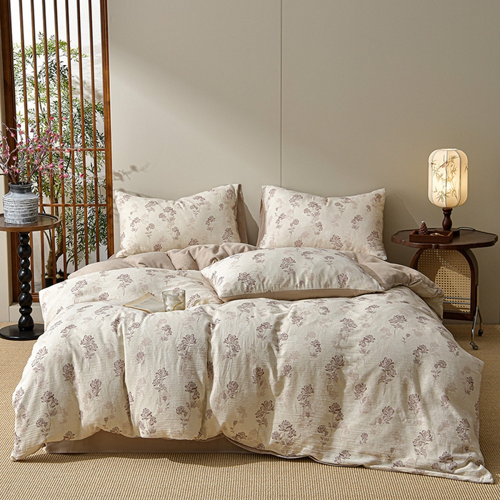 91家纺网 家纺一手货源 找家纺 绘萱家居 2026新款纯棉+麻棉麻全棉印花四件套 晚风玫瑰