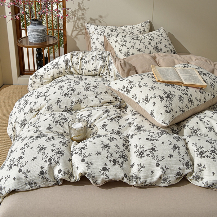 91家纺网 家纺一手货源 找家纺 绘萱家居 2026新款纯棉+麻棉麻全棉印花四件套 枝蔓轻语