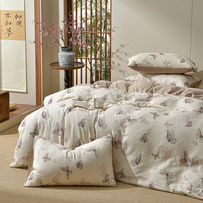 91家纺网 家纺一手货源 找家纺 绘萱家居 2026新款纯棉+麻棉麻全棉印花四件套 蝴蝶舞