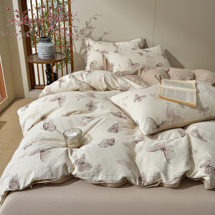 91家纺网 家纺一手货源 找家纺 绘萱家居 2026新款纯棉+麻棉麻全棉印花四件套 蝴蝶舞