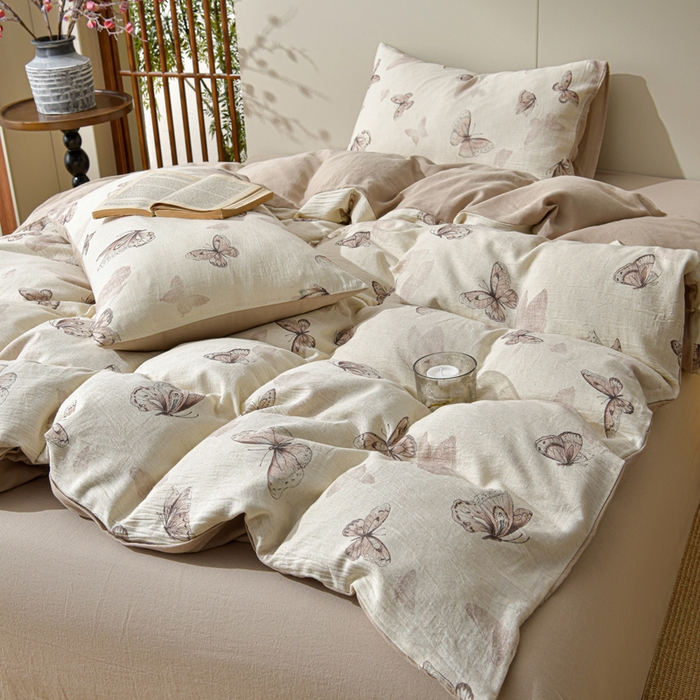 91家纺网 家纺一手货源 找家纺 绘萱家居 2026新款纯棉+麻棉麻全棉印花四件套 蝴蝶舞