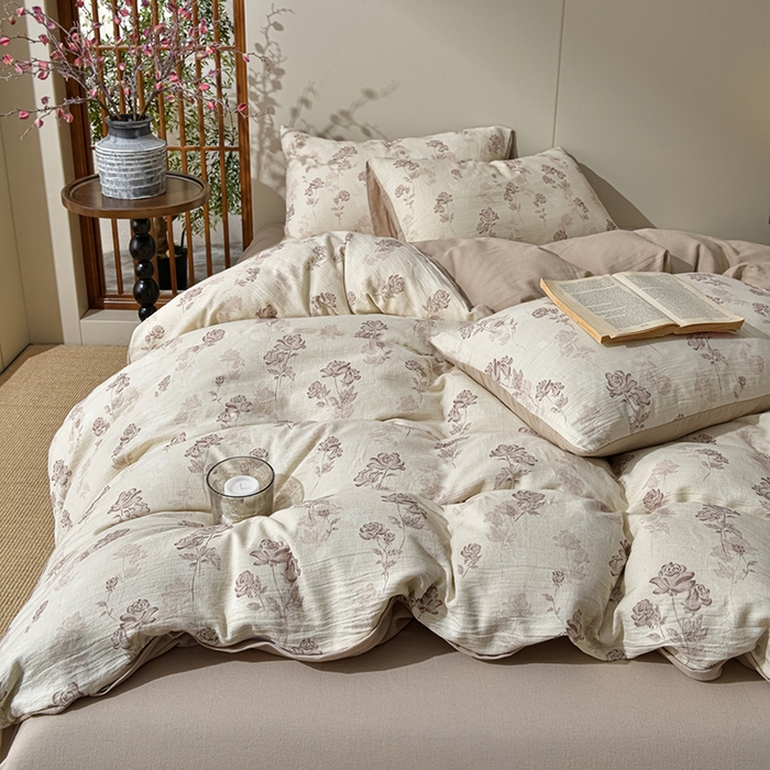 91家纺网 家纺一手货源 找家纺 绘萱家居 2026新款纯棉+麻棉麻全棉印花四件套 晚风玫瑰