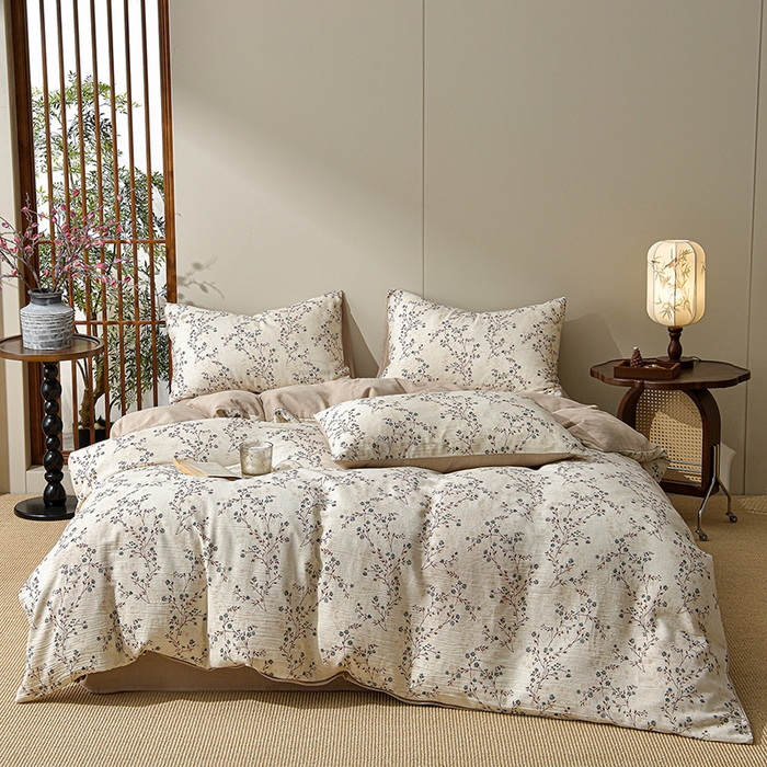 91家纺网 家纺一手货源 找家纺 绘萱家居 2026新款纯棉+麻棉麻全棉印花四件套 素枝春信